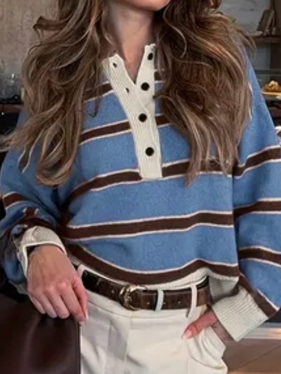 No brand Sweaters - Boutique Blue Striped Collared Knit Sweater Women's S Oversized Polo Pullover